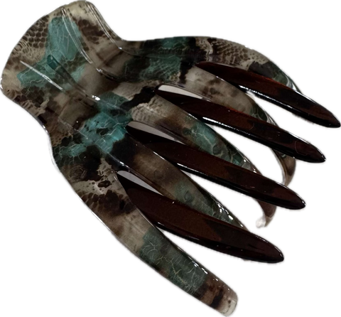 Heirlooms yoga hair clip large muted teal, hand-painted acetate acrylic from France, secure hold for thick hair.