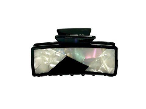 Mother of Pearl Art Deco rectangular large jaw hair clip with black and iridescent design