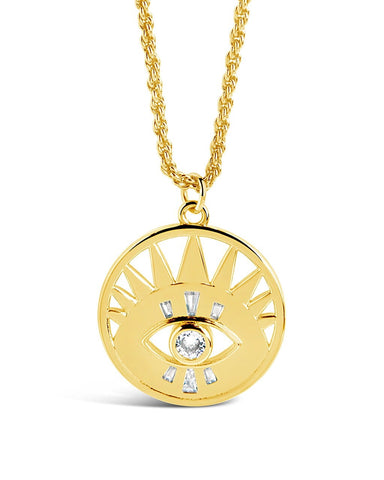 Mahana CZ Evil Eye Disk Necklace with sparkling cubic zirconia in gold and silver tones, adjustable chain