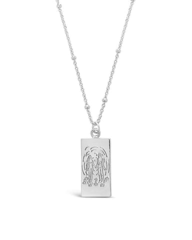 Lovers Tarot Card necklace with engraved charm and adjustable rhodium plated brass chain