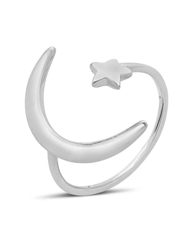 Sterling silver crescent moon open ring with 14K gold plating and adjustable band
