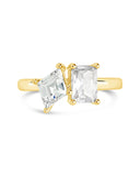 Penina CZ Toi et Moi Ring with asymmetrical cubic zirconia stones in gold and silver tones