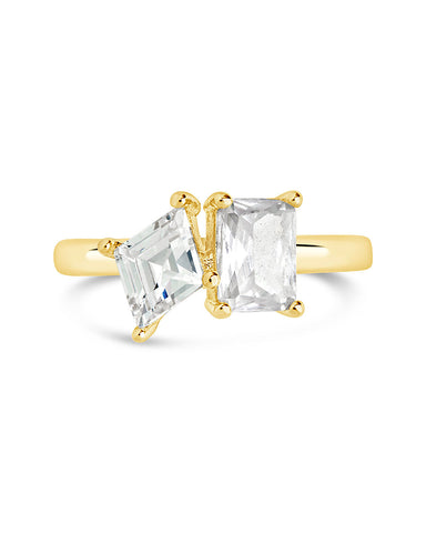 Penina CZ Toi et Moi Ring with asymmetrical cubic zirconia stones in gold and silver tones