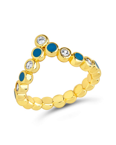 Mylah CZ & Enamel Arch Ring in gold with clear cubic zirconia and blue enamel stones