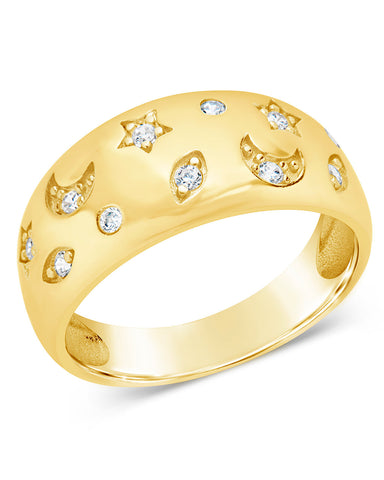 CZ Star and Crescent Bezel dome band ring with cubic zirconia stars and moons in gold and silver tones
