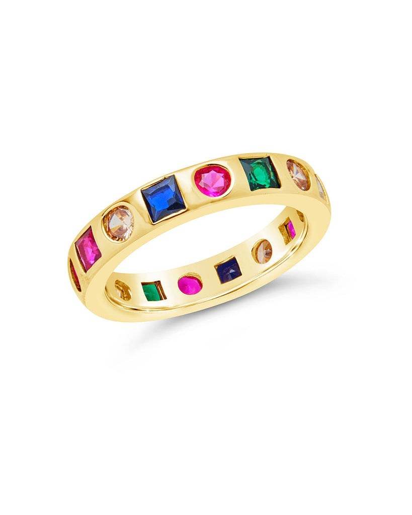 Courtney CZ Rainbow Band Ring with multicolor cubic zirconia stones on 14k gold or rhodium plated brass band