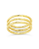 Textured triple band ring set in gold, rose gold, and silver with layered 1mm bands