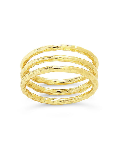 Textured triple band ring set in gold, rose gold, and silver with layered 1mm bands