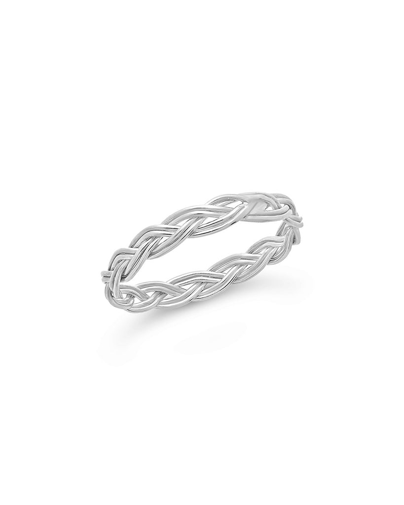 Sterling silver braided twist band ring in silver, gold, and rose gold tones, 3mm lead-free band