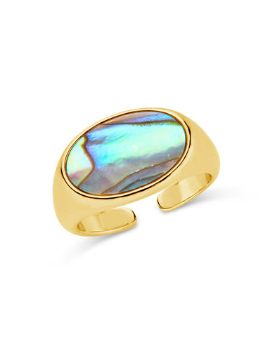 Gail Abalone Open Band ring with iridescent shell and gold or rhodium plated brass band