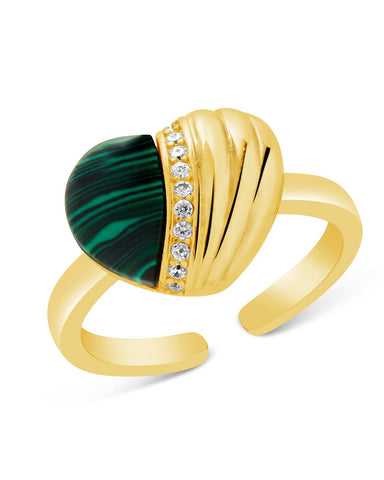 Hollis Malachite and CZ Heart Ring with 14k gold or rhodium plated brass, synthetic malachite, cubic zirconia accents in silver and gold tones