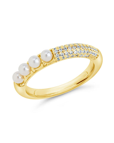 Evelyn CZ and pearl eternity band ring in gold and silver tones with shell pearls and cubic zirconia stones
