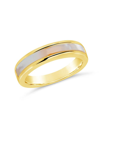 Mishel Mother of Pearl Band Ring with 14K gold and rhodium plated brass featuring smooth mother of pearl inlay