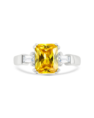 Sterling silver engagement ring with yellow canary CZ center stone and side stones