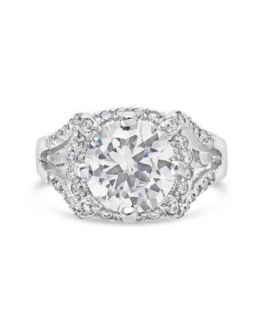 Sterling silver split shank CZ halo ring with 9mm center stone and cubic zirconia accents