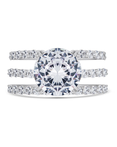 Sterling silver engagement ring set with three CZ-studded bands and a 12mm center stone, bridal jewelry set