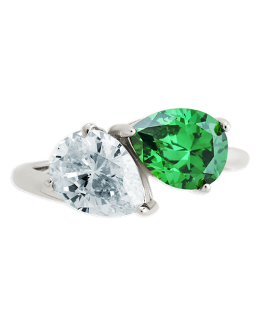 Sterling Silver Pear Toi et Moi Ring with pear cut clear and emerald stones on a 1.9 mm band