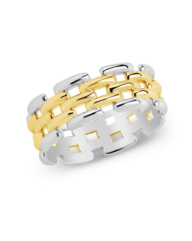 Sterling Silver Lucia dual-tone chain ring with 14K gold and rhodium plating on a 7.25mm band