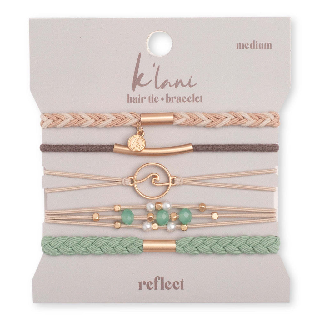 Reflect hair tie bracelets set in earthy neutral and green tones for wrist sizes small, medium, and large