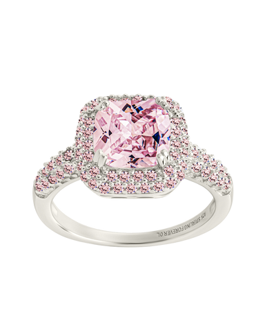 Sterling silver pink CZ ring with cushion-cut center stone and pavé halo design