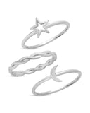 Sterling silver celestial stacking ring set with star, moon, and twisted band in 14K gold plated or sterling silver