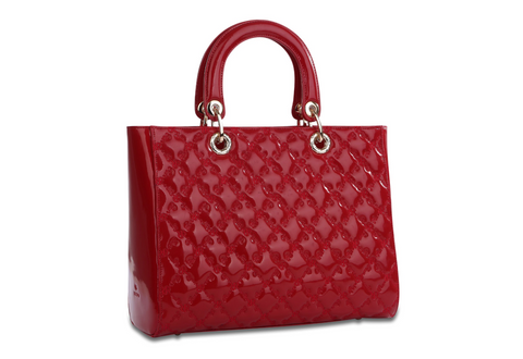 The Zoey Tote red patent leather handbag with quilted pattern and gold hardware