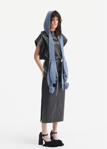 Julia Allert Pedal & Rose Bud Hooded Statement Scarf dusty blue with dangling petals and rose buds handcrafted in Moldova