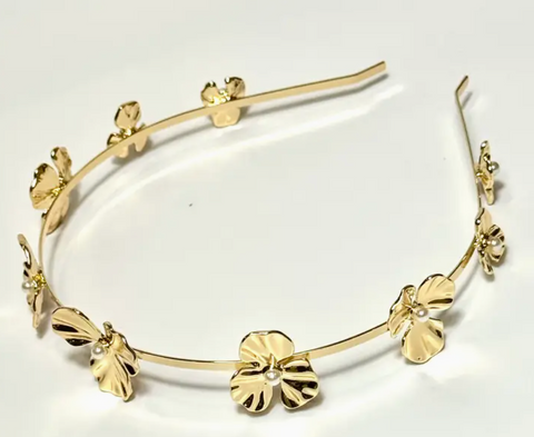 Ficcare Gold Mei Flower headband with gold plating and faux pearl, hand-made in Brazil, super comfy Eva headband