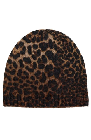 Amicale Cashmere animal print beanie hat in soft jersey knit, 100% cashmere, cozy winter accessory