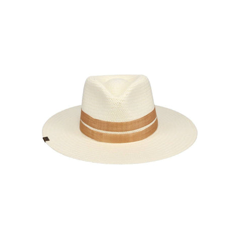Packable straw hat with shallow crown, flat brim, cotton ribbon, and adjustable band, made in the USA