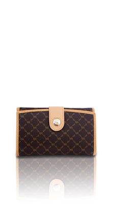 Rioni Signature Multi Fold Button Wallet in brown Italian canvas with adjustable button flap and embossed gold emblem