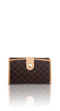 Rioni Signature Multi Fold Button Wallet in brown Italian canvas with adjustable button flap and embossed gold emblem