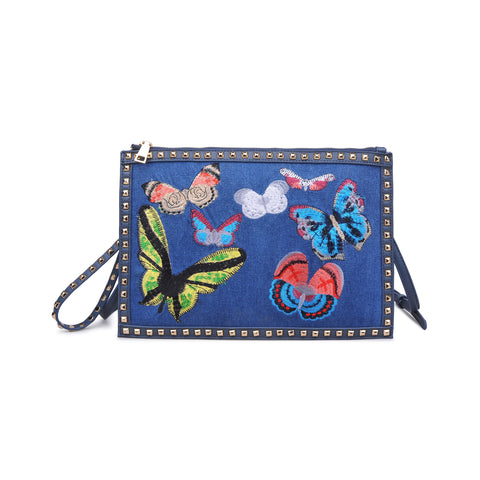 DENIM STUDDED EMBROIDERED BUTTERFLY CLUTCH LIBBY BY URBAN EXPRESSIONS -  RHEAS.ONLINE