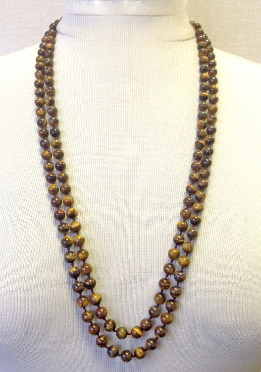 TIGERS EYE GEMSTONE NECKLACE 8MM HAND KNOTTED 60" LONG -  RHEAS.ONLINE