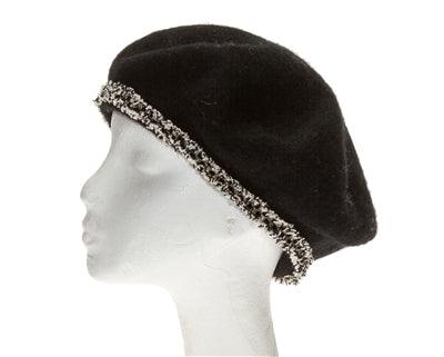 Wool beret with sparkle tweed trim, adjustable fit.