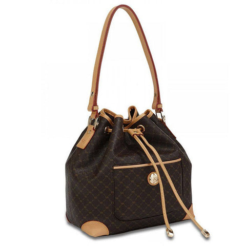 Rioni Signature Bucket Drawstring Handbag ST20089 with monogram print and leather trim.