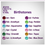 Jimmy Crystal Birthstone Bangle Bracelet BJ101 with Swarovski crystals and rhodium plating, showcasing birthstone chart.