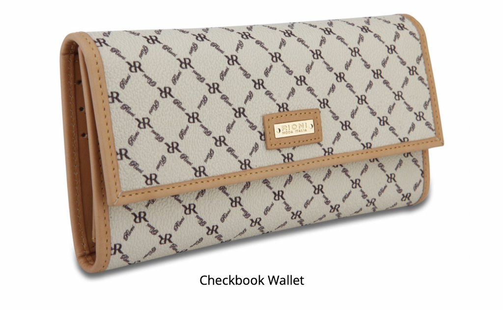 Rioni Signature Brown Checkbook Wallet STW011 with RR monogram print, leather interior, twelve card slots, and zipped coin pocket.