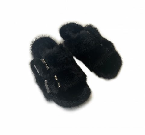 Slippers with mink fur white