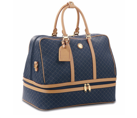 Rioni Navy Signature Dome Duffel GENEVA Traveler STA20051 with dark gold monogram on navy canvas, leather trim, and dual-looped handles.