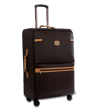 Rioni Signature Designer Spinner Luggage ST20121 Medium in brown with monogram, genuine leather handles, and 360-degree wheels.