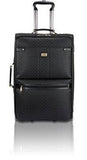 Rioni Signature Designer Spinner Luggage ST20121 Large in black with monogram design, four wheels, and zipper compartments.